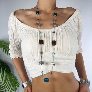 Vintage Silver Blue Stone Beaded Long Necklace - Beachy Bohemian Hippie Jewelry